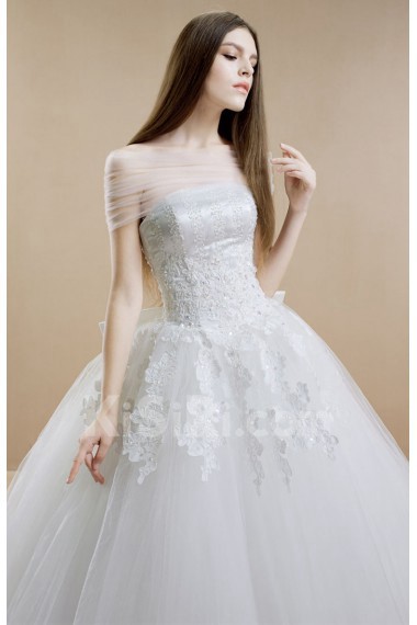 Lace, Tulle, Satin Strapless Sweep Train Sleeveless(Removable Sleeves) Ball Gown Dress with Beads