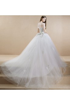 Lace, Tulle, Satin Strapless Sweep Train Sleeveless(Removable Sleeves) Ball Gown Dress with Beads