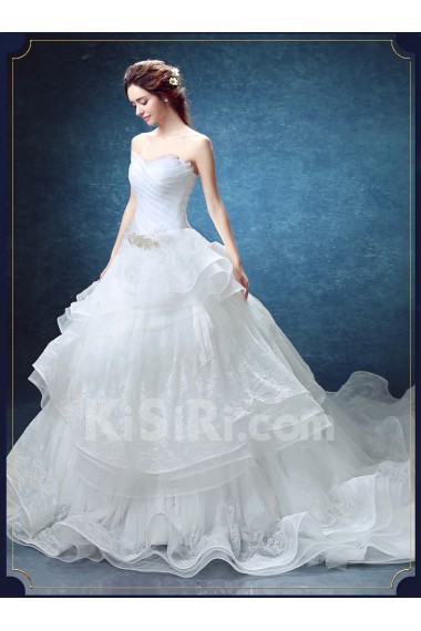 Organza Sweetheart Chapel Train Sleeveless Ball Gown Dress with Rhinestone