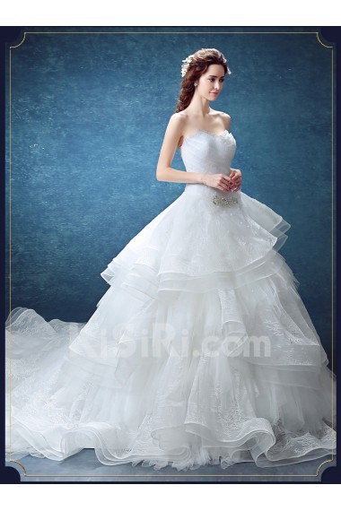 Organza Sweetheart Chapel Train Sleeveless Ball Gown Dress with Rhinestone