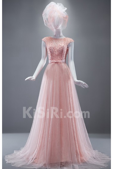 Tulle, Lace, Satin Scoop Sweep Train Cap Sleeve A-line Dress with Pearl, Bow