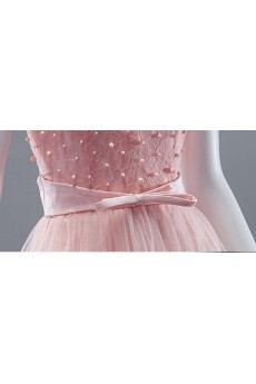 Tulle, Lace, Satin Scoop Sweep Train Cap Sleeve A-line Dress with Pearl, Bow