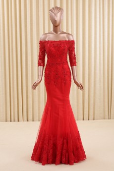 Tulle Off-the-Shoulder Floor Length Half Sleeve Mermaid Dress with Sequins