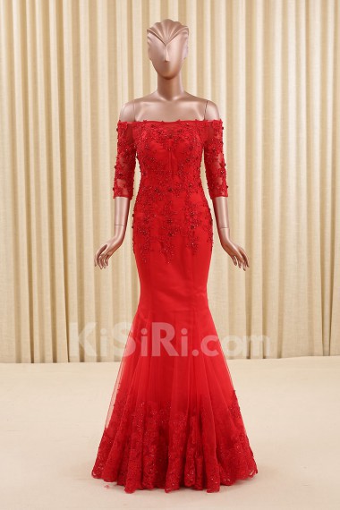 Tulle Off-the-Shoulder Floor Length Half Sleeve Mermaid Dress with Sequins