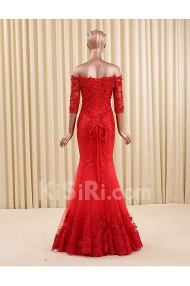 Tulle Off-the-Shoulder Floor Length Half Sleeve Mermaid Dress with Sequins