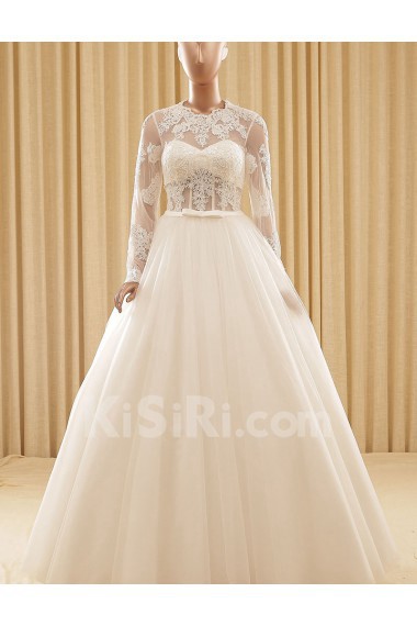 Lace, Tulle Jewel Floor Length Long Sleeve Ball Gown Dress with Embroidered