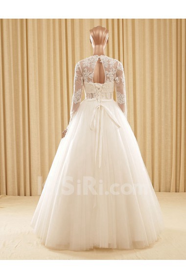 Lace, Tulle Jewel Floor Length Long Sleeve Ball Gown Dress with Embroidered