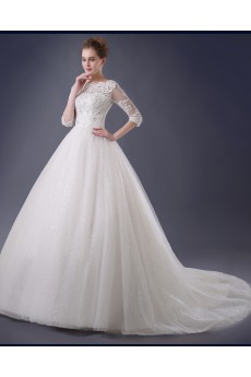 Lace, Organza Bateau Chapel Train Three-quarter A-line Dress with Rhinestone