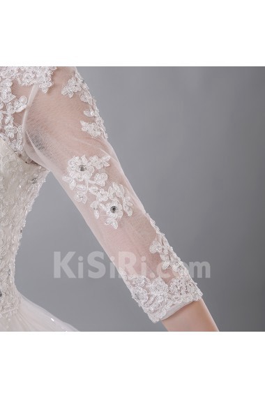 Lace, Organza Bateau Chapel Train Three-quarter A-line Dress with Rhinestone