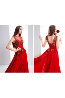 Chiffon, Satin Bateau Sweep Train Cap Sleeve A-line Dress with Handmade Flowers, Sequins, Embroidered