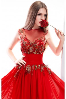 Chiffon, Satin Bateau Sweep Train Cap Sleeve A-line Dress with Handmade Flowers, Sequins, Embroidered