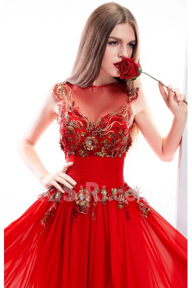 Chiffon, Satin Bateau Sweep Train Cap Sleeve A-line Dress with Handmade Flowers, Sequins, Embroidered