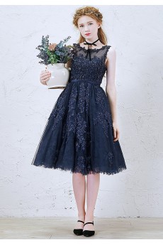 Tulle Scoop Knee-Length Sleeveless A-line Dress with Lace, Sash, Beads