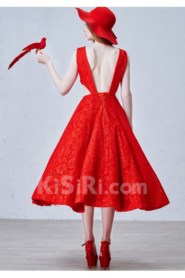 Lace, Satin Scoop Tea-Length Sleeveless A-line Dress with Beads