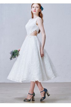 Lace, Satin Scoop Tea-Length Sleeveless A-line Dress with Beads