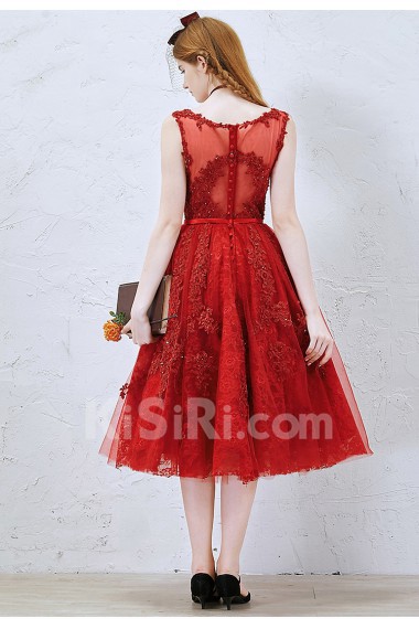 Tulle Scoop Tea-Length Sleeveless A-line Dress with Embroidered, Rhinestone