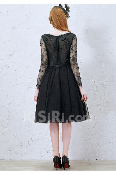 Lace, Tulle V-neck Knee-Length Long Sleeve Ball Gown Dress with Ruched