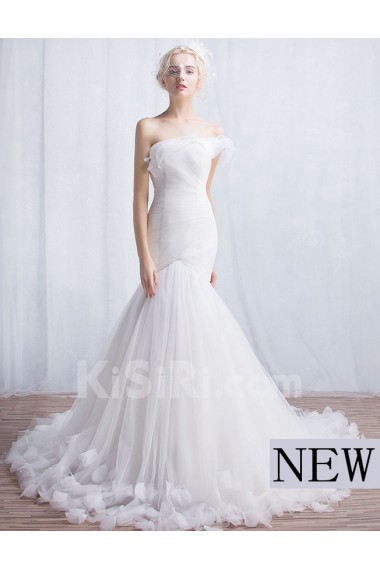 Tulle, Organza One-shoulder Chapel Train Sleeveless Mermaid Dress with Handmade Flowers