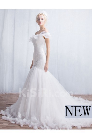 Tulle, Organza One-shoulder Chapel Train Sleeveless Mermaid Dress with Handmade Flowers