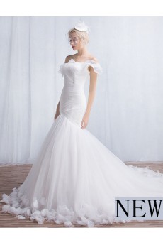 Tulle, Organza One-shoulder Chapel Train Sleeveless Mermaid Dress with Handmade Flowers