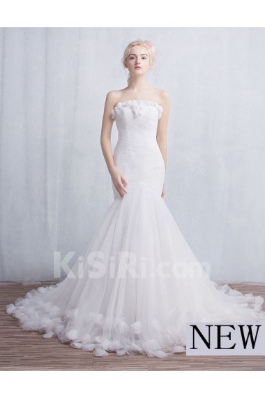 Tulle, Lace Strapless Chapel Train Sleeveless Mermaid Dress with Handmade Flowers