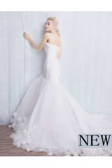 Tulle, Lace Strapless Chapel Train Sleeveless Mermaid Dress with Handmade Flowers