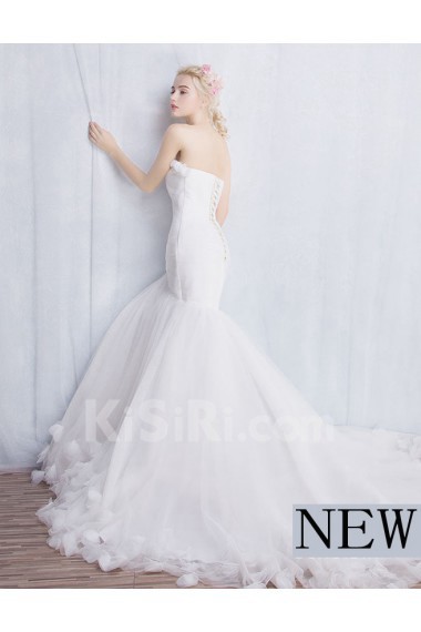 Tulle, Lace Strapless Chapel Train Sleeveless Mermaid Dress with Handmade Flowers