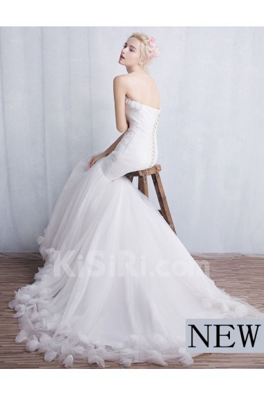 Tulle, Lace Strapless Chapel Train Sleeveless Mermaid Dress with Handmade Flowers