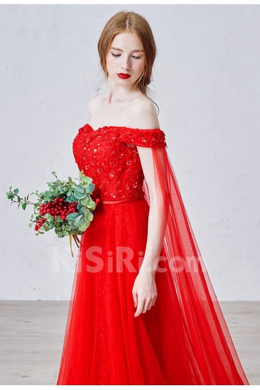 Lace, Tulle Off-the-Shoulder Sweep Train A-line Dress with Sequins, Bow