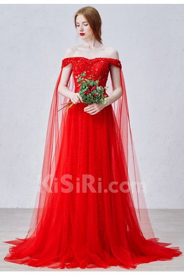 Lace, Tulle Off-the-Shoulder Sweep Train A-line Dress with Sequins, Bow