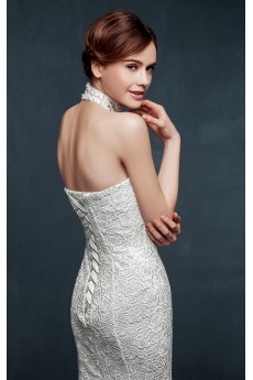 Tulle, Lace, Satin Halter Floor Length Sleeveless Mermaid Dress with Pearl