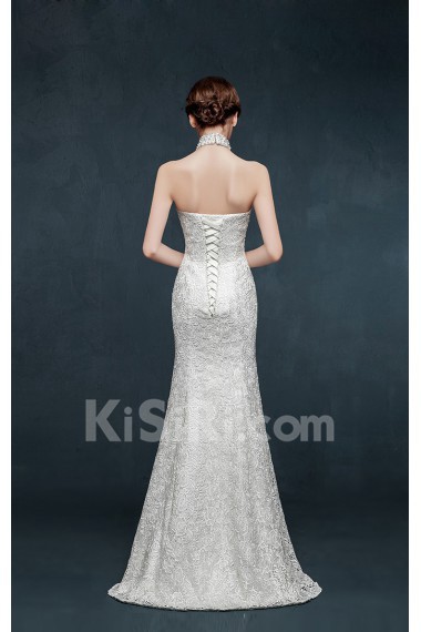 Tulle, Lace, Satin Halter Floor Length Sleeveless Mermaid Dress with Pearl