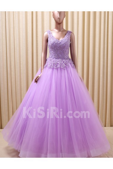 Tulle, Satin V-neck Floor Length Sleeveless Ball Gown Dress with Beads