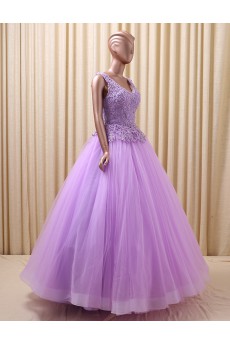 Tulle, Satin V-neck Floor Length Sleeveless Ball Gown Dress with Beads