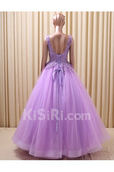 Tulle, Satin V-neck Floor Length Sleeveless Ball Gown Dress with Beads