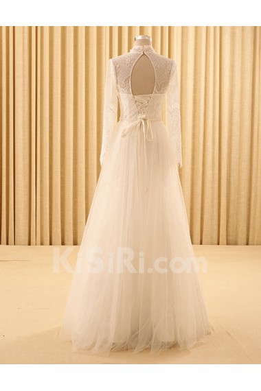 Lace High Collar Floor Length Long Sleeve A-line Dress with Pearl