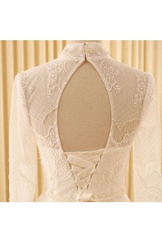 Lace High Collar Floor Length Long Sleeve A-line Dress with Pearl