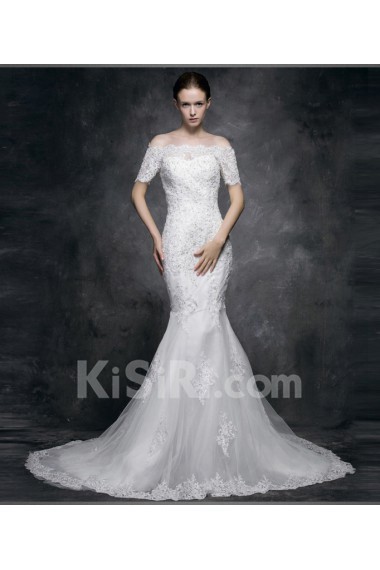 Lace, Satin, Tulle Off-the-Shoulder Chapel Train Mermaid Dress with Sequins