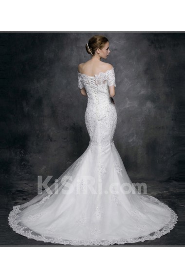 Lace, Satin, Tulle Off-the-Shoulder Chapel Train Mermaid Dress with Sequins