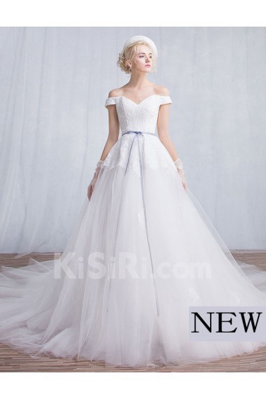 Tulle, Lace Off-the-Shoulder Chapel Train Ball Gown Dress with Sash