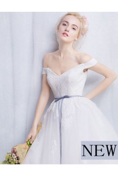 Tulle, Lace Off-the-Shoulder Chapel Train Ball Gown Dress with Sash