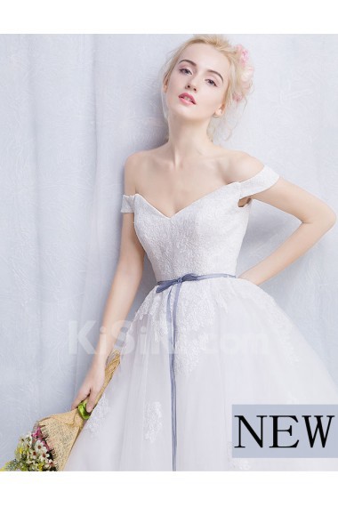 Tulle, Lace Off-the-Shoulder Chapel Train Ball Gown Dress with Sash