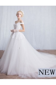 Tulle, Lace Off-the-Shoulder Chapel Train Ball Gown Dress with Sash