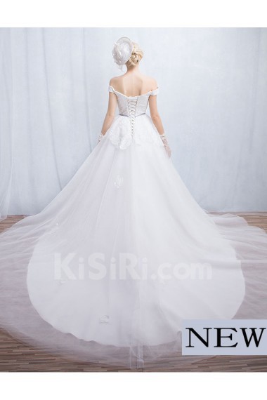 Tulle, Lace Off-the-Shoulder Chapel Train Ball Gown Dress with Sash