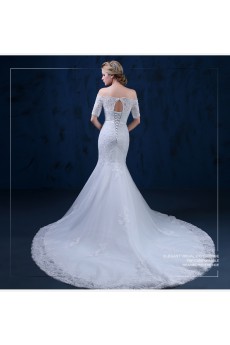 Tulle, Lace Off-the-Shoulder Chapel Train Half Sleeve Mermaid Dress with Bow