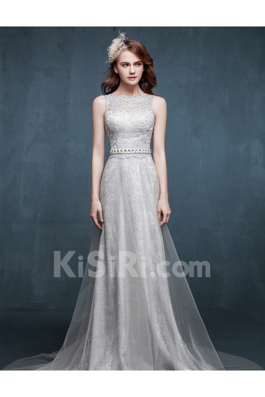 Tulle, Lace Scoop Sweep Train Sleeveless Sheath Dress with Rhinestone, Sash