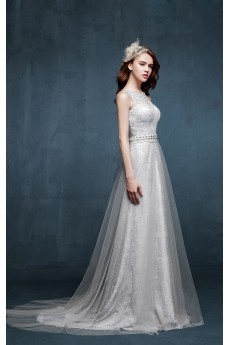 Tulle, Lace Scoop Sweep Train Sleeveless Sheath Dress with Rhinestone, Sash