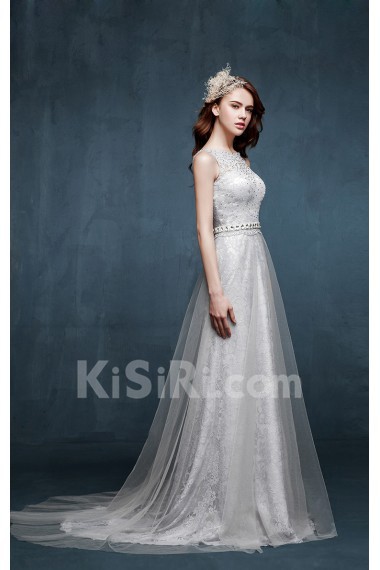 Tulle, Lace Scoop Sweep Train Sleeveless Sheath Dress with Rhinestone, Sash