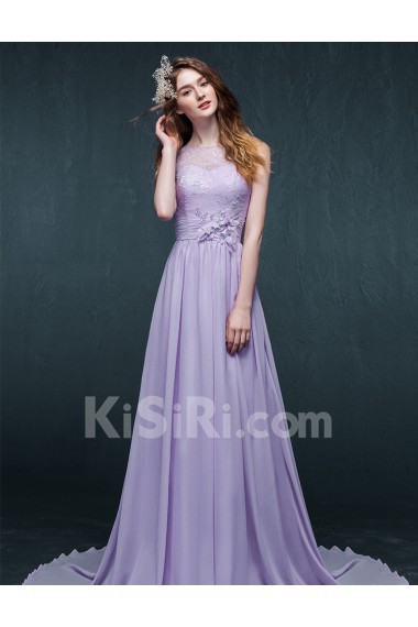 Chiffon Scoop Sweep Train Sleeveless A-line Dress with Sequins, Handmade Flowers