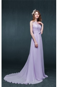 Chiffon Scoop Sweep Train Sleeveless A-line Dress with Sequins, Handmade Flowers